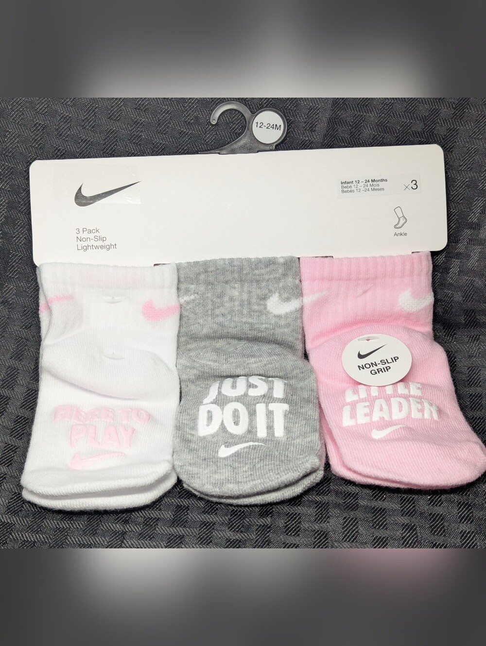 White, Gray & Pink Nike Kids Lightweight Ankle Socks 12-24M 3-Pack.